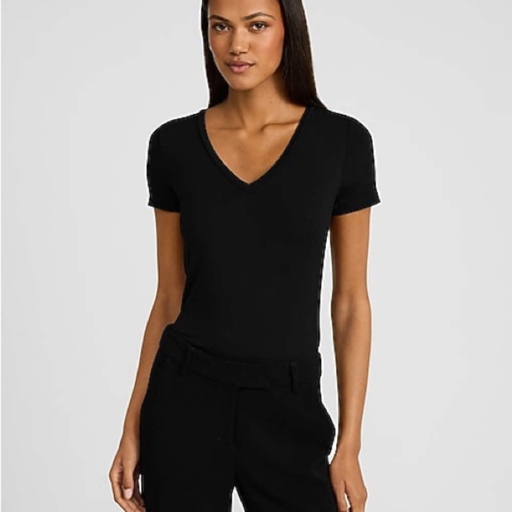Express Black V-Neck Short Sleeve Fitted Tee T-Shirt L Large